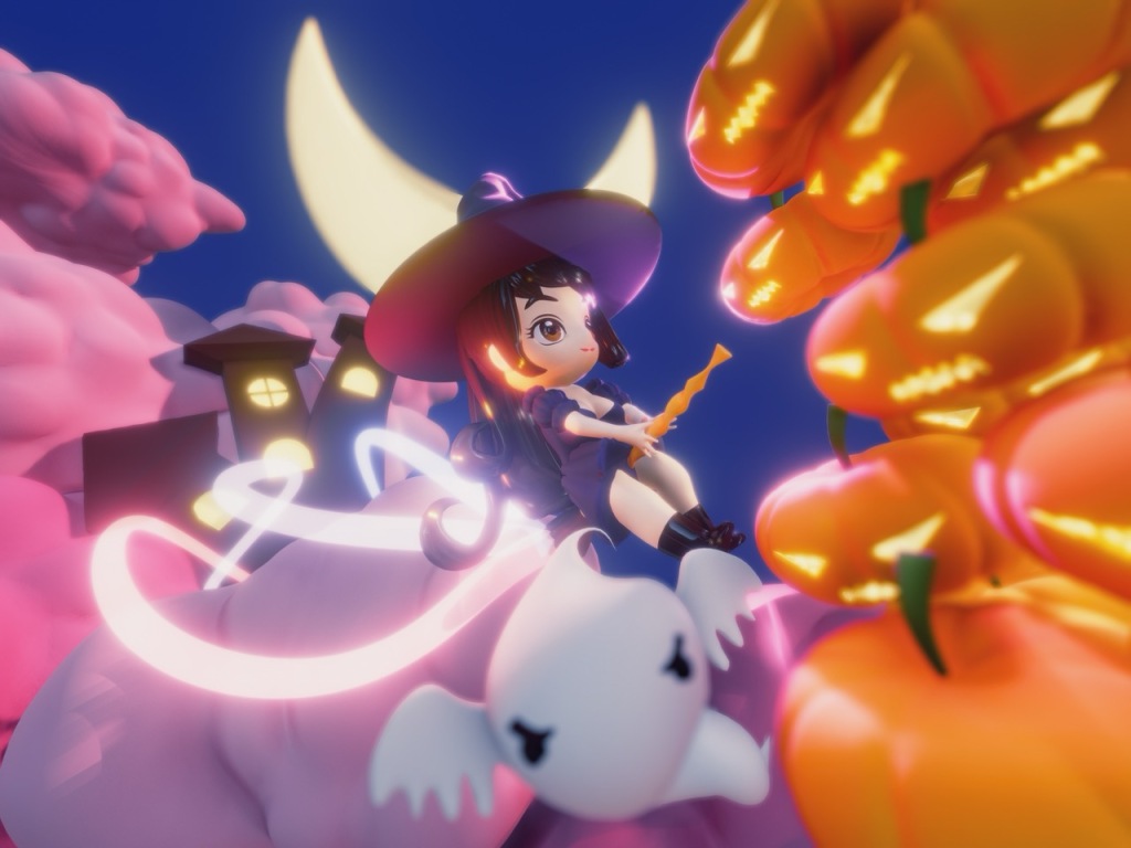 Cake, the witch who enforce with pumpkins. 3D art.